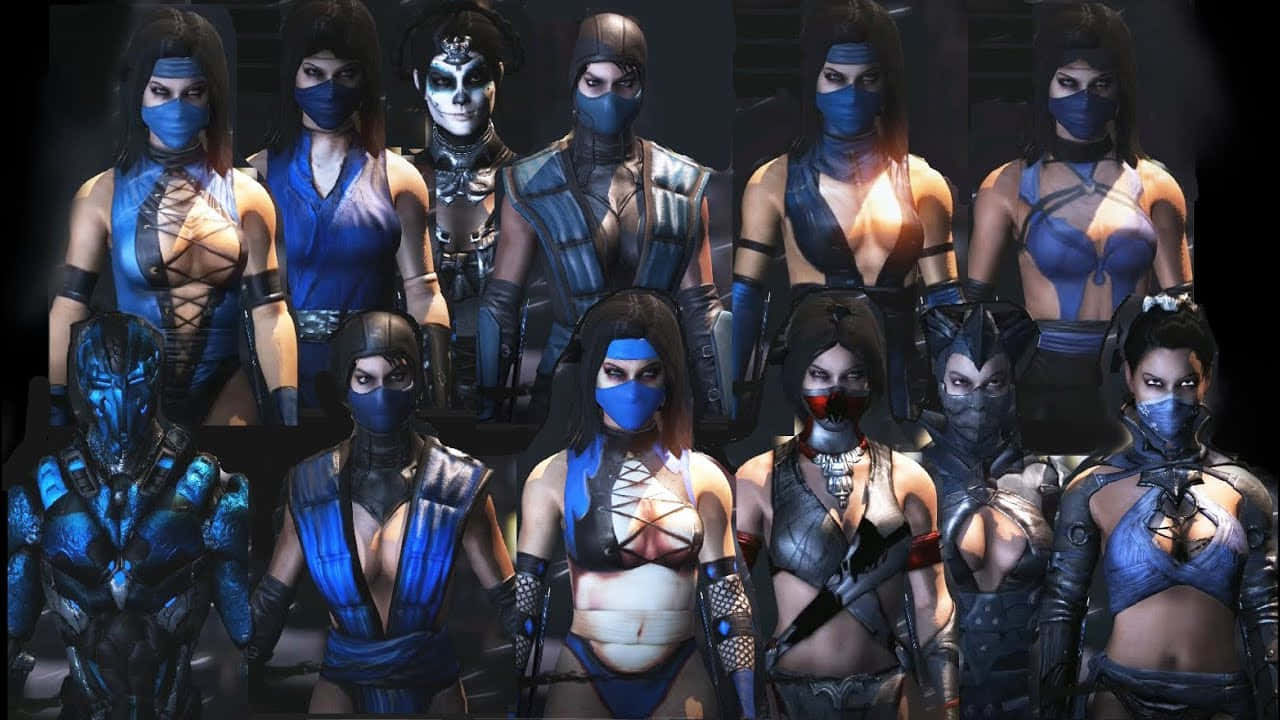 Mortal Kombat Kitana 桌布 壁紙 — 九名戴面具的女性戰士，身穿藍色和黑色戰鬥服，在黑暗、戲劇性的陣容中站立。