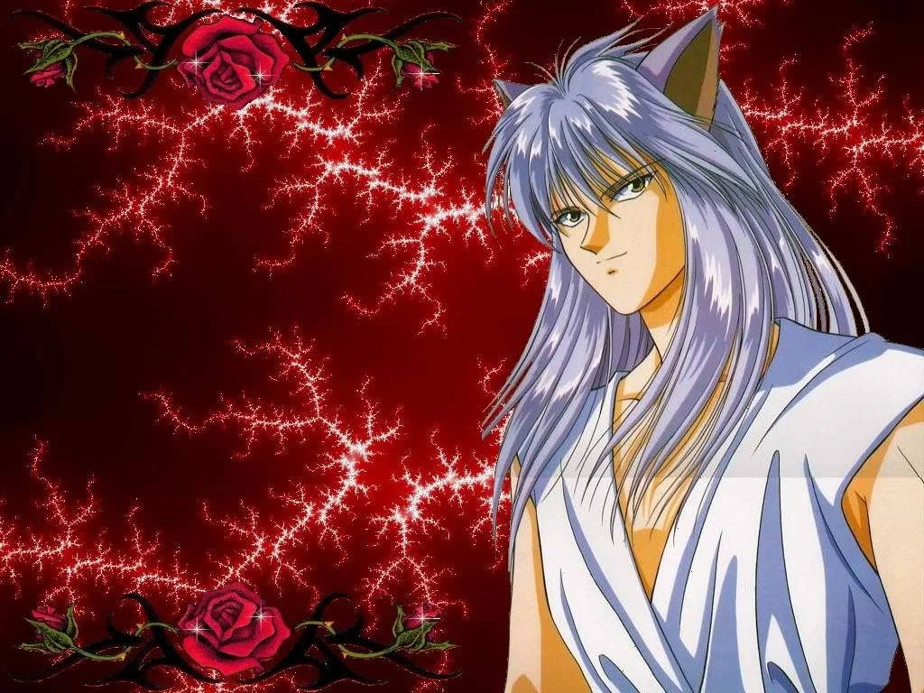 九尾狐Yoko Kurama 火紅戰鬥姿態 壁紙 — 擁有銀色頭髮和貓耳的角色站在帶有發光裂縫和玫瑰的紅色背景前。