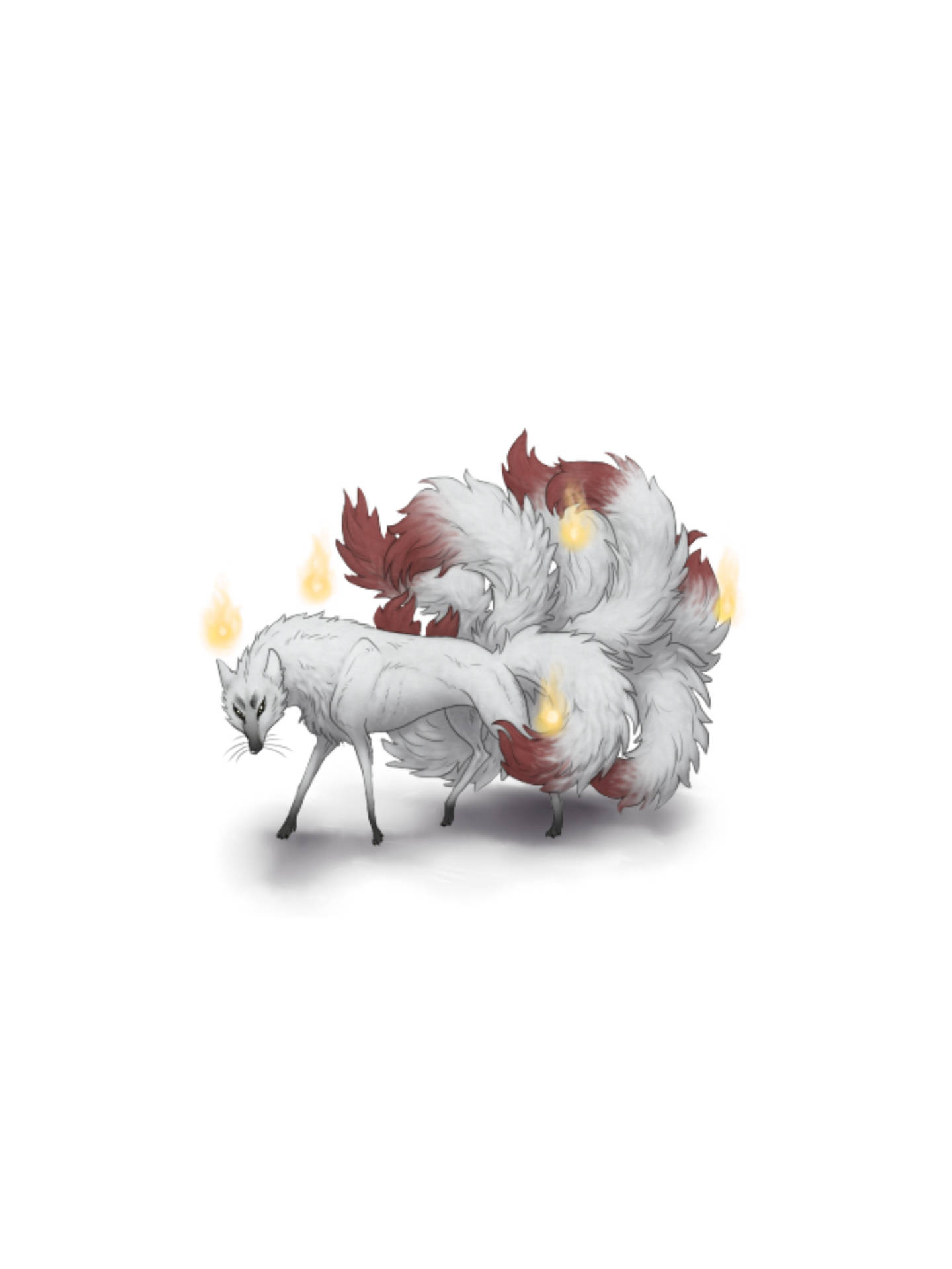 神話中的白色狐狸，有九條紅色尖端的尾巴，被漂浮的餘燼包圍。