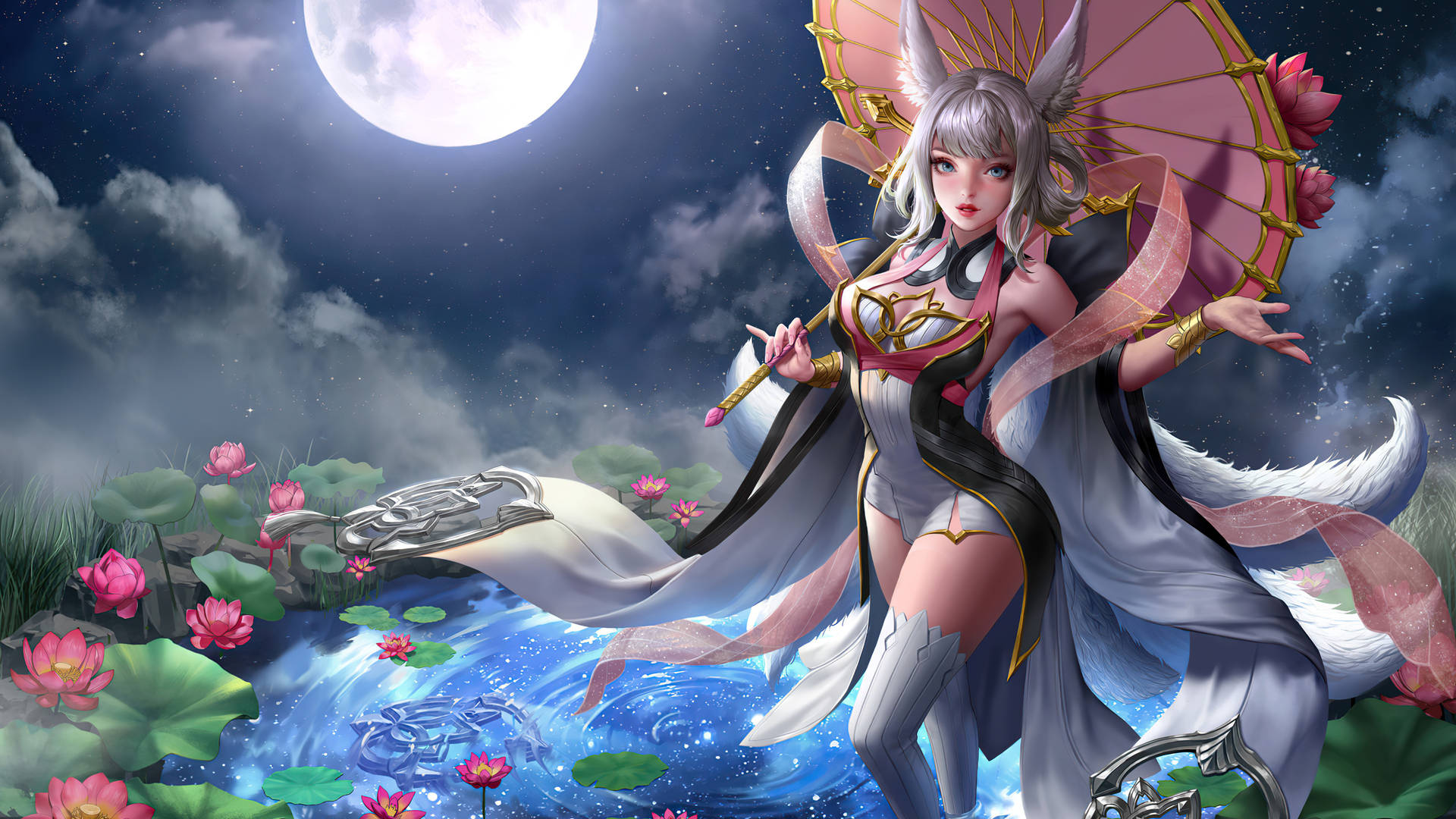 狐仙少女在滿月下於發光蓮花池旁手持粉傘。