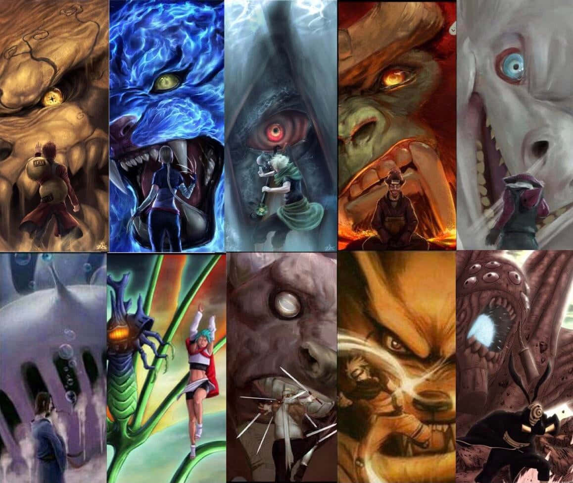 Tailed Beasts 桌布 壁紙 — 九幅動漫風格插圖的拼貼畫，描繪角色在戲劇性、高對比度的場景中對抗怪物般的實體。