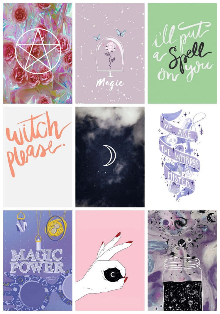 Witch Aesthetic 桌布 壁紙 — 九幅神秘插圖的拼貼畫，包含五角星、玫瑰、月亮和手寫魔法短語，採用柔和與鮮豔的色彩。