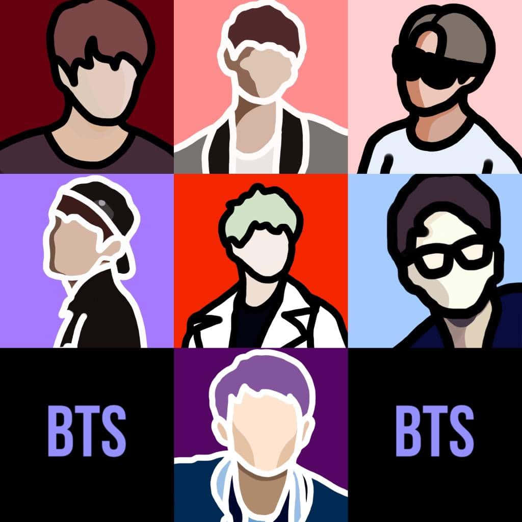 Bts Fanart 桌布 壁紙 — 九幅風格化的BTS成員插圖肖像，以網格佈局排列在鮮豔的彩色背景上。
