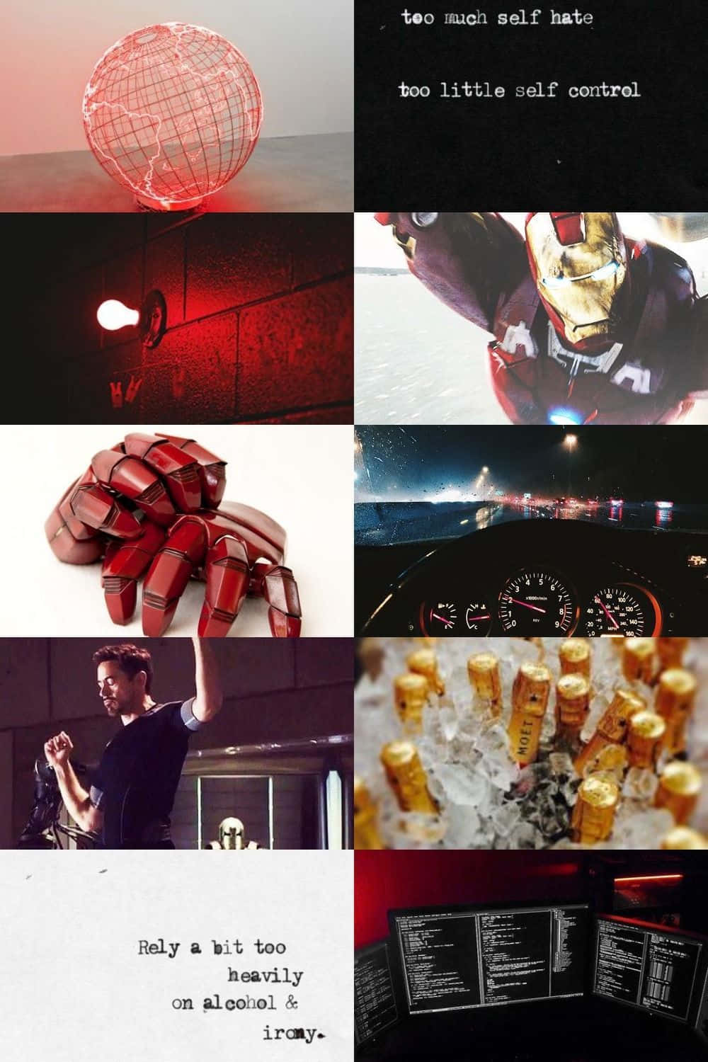 Iron Man Quotes 桌布 壁紙 — 九張圖片的拼貼，包括發光的紅色線框地球儀、鐵甲奇俠頭盔、紅色手套、汽車儀表板、黑暗房間中的男人、香檳瓶以及帶有自嘲引文的文字疊加。