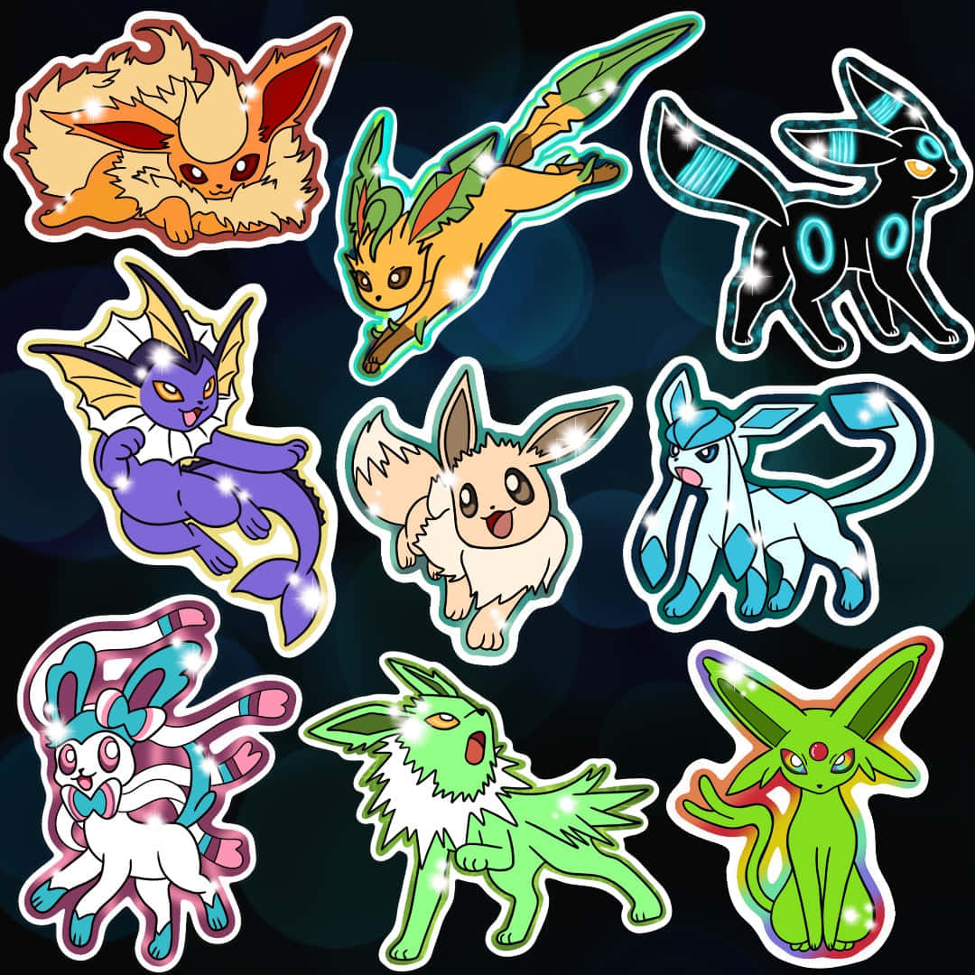 Pokemon Stickers 桌布 壁紙 — 九張發光的伊布家族貼紙漂浮在帶有閃爍高光的暗色散景背景上。