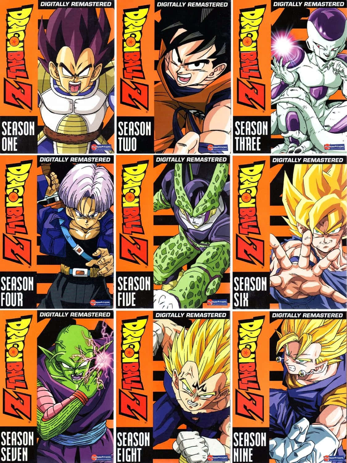 Dbz Movies 桌布 壁紙 — 九張龍珠Z季度海報，以悟空、比達、菲利等標誌性角色在橙色背景上擺出動態姿勢為特色。