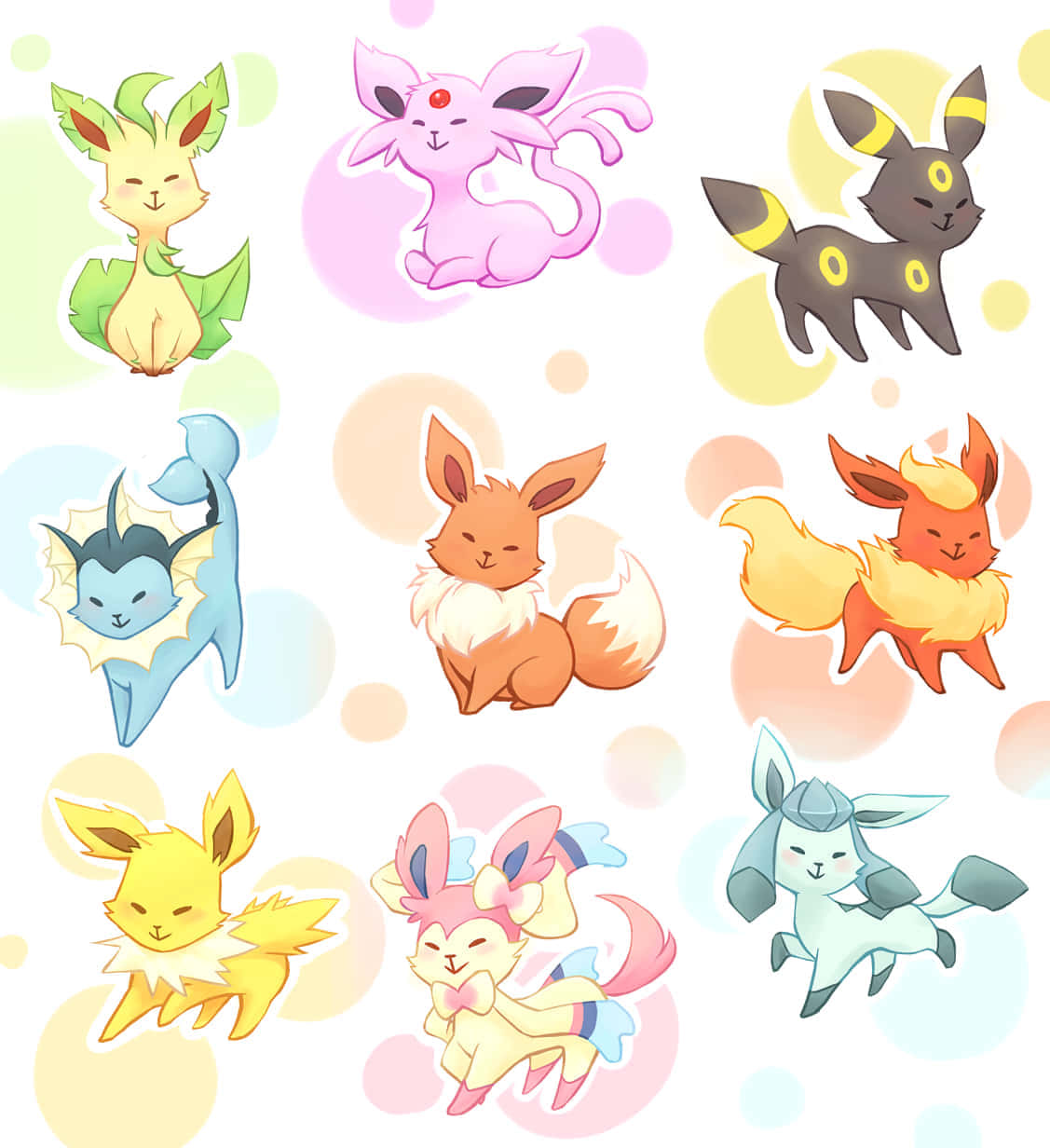 Pokemon Stickers 桌布 壁紙 — 九隻可愛嘅 Pokémon Eeveelutions 漂浮喺柔和粉彩氣泡上，帶有柔軟圓潤嘅輪廓同開心表情。