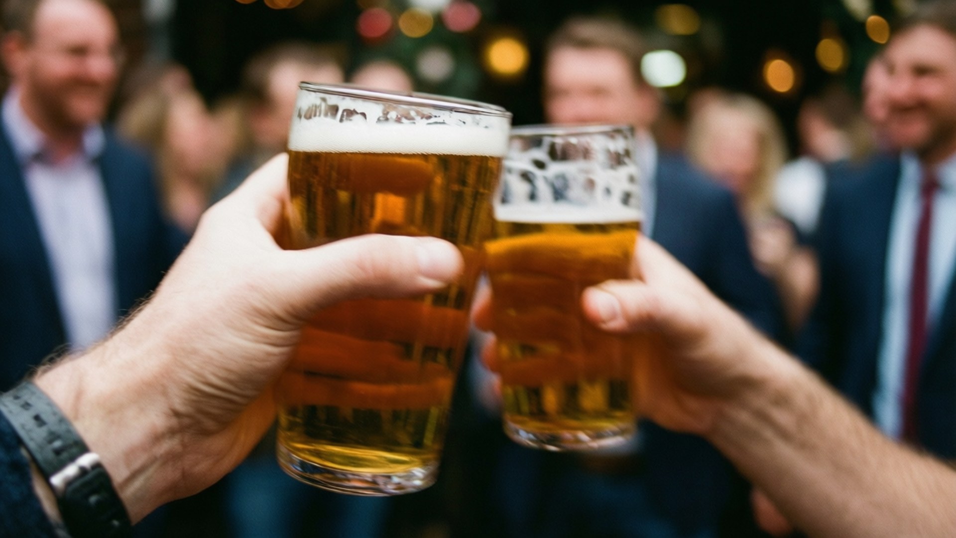 兩隻手在社交聚會中碰啤酒杯。