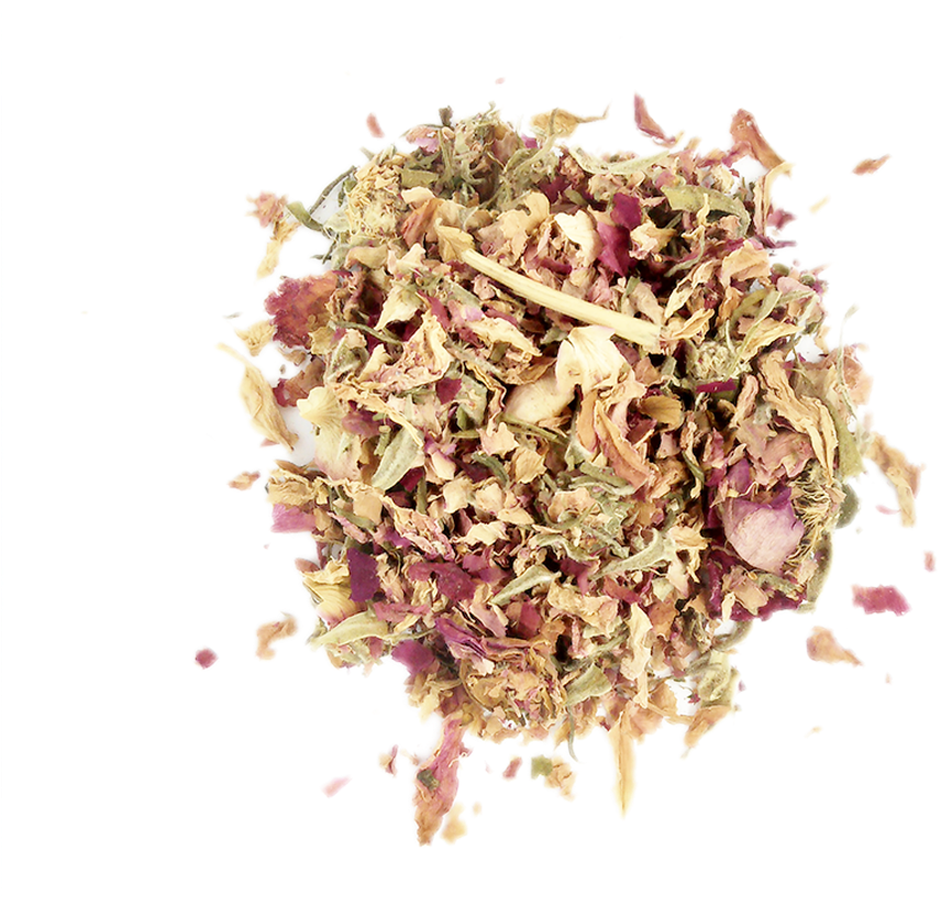 乾燥菊花頂視圖 壁紙 — 一堆充滿活力的乾燥花草茶葉和花瓣，以大地色調呈現，背景為鮮明的黑色。