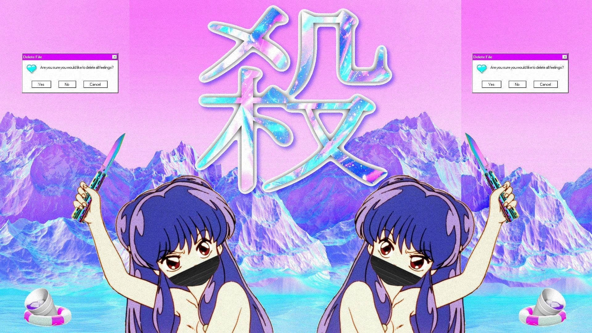 兩個戴面具的動漫女孩在發光的山脈和日文字前手持刀具。