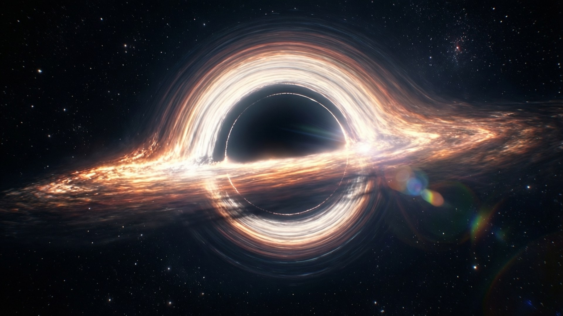 事件視界 壁紙 — 一個宇宙黑洞，帶有發光的橙色和白色吸積盤，在繁星點點的夜空中旋轉。