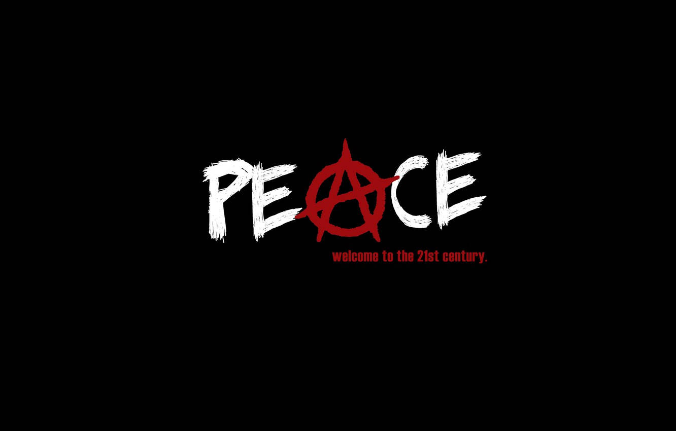 黑色背景上帶有紅色無政府主義符號的白色塗鴉文字 PEACE