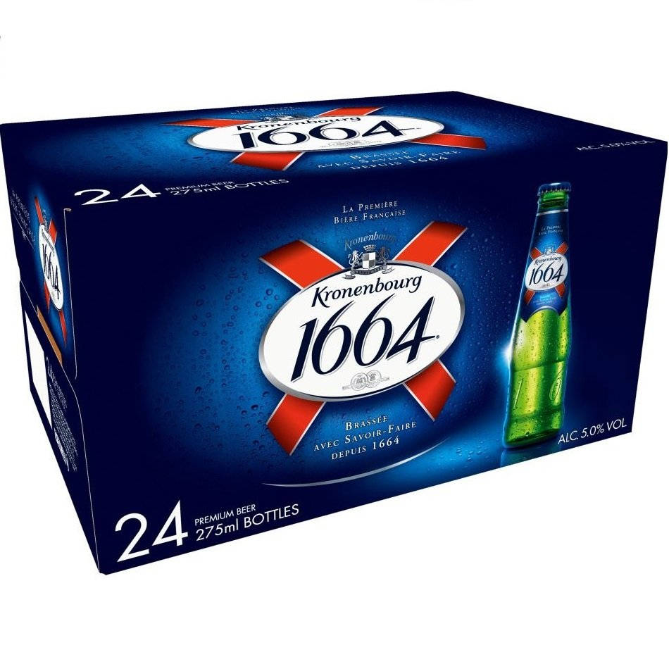 一箱24瓶Kronenbourg 1664啤酒，附有品牌標誌和酒精含量資訊。