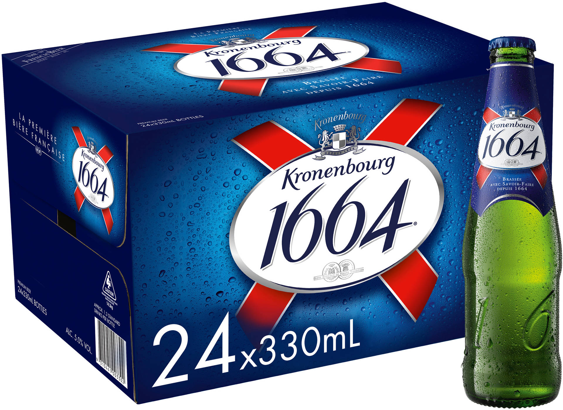 冰凍的Kronenbourg 1664啤酒盒和瓶子，帶有冷凝水滴。