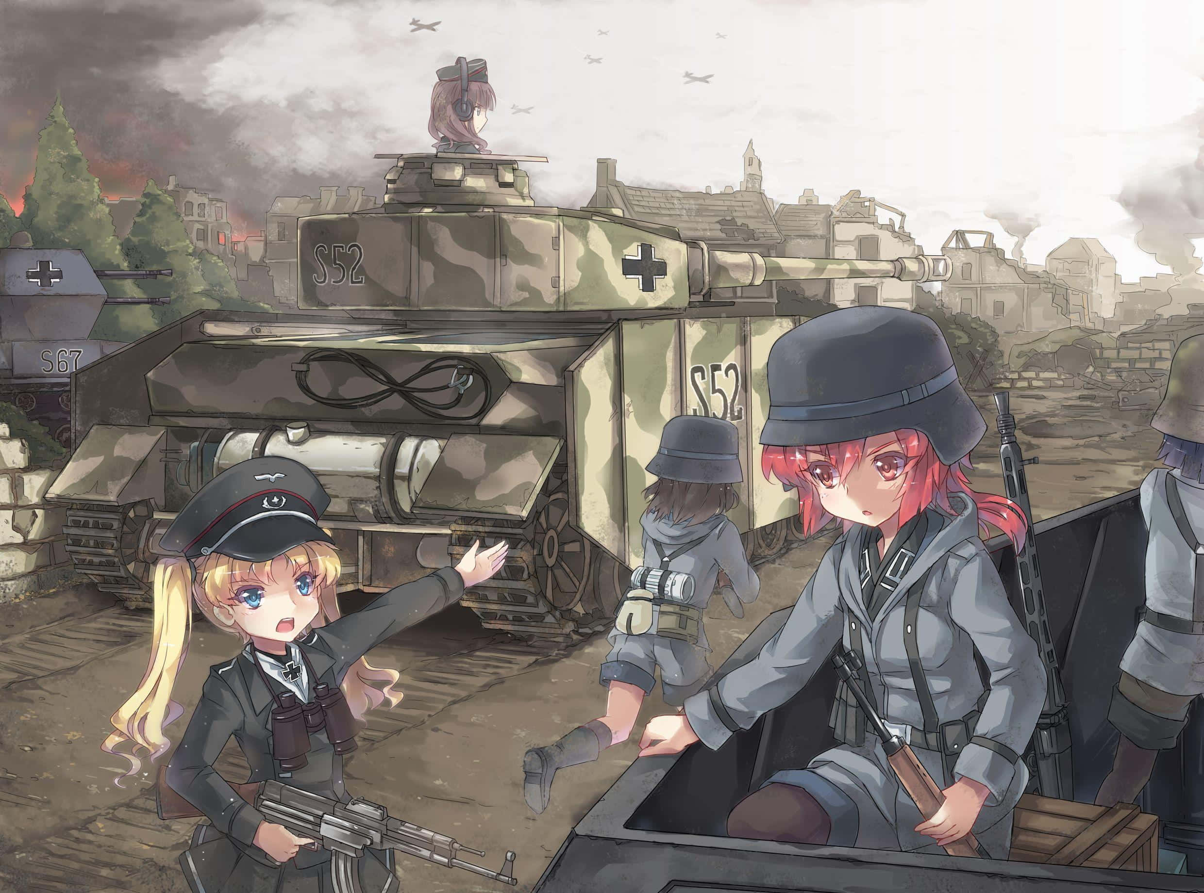 二戰中的堅韌與愛國精神 壁紙 — 穿著軍服的動漫女孩站在坦克旁邊，身處一個被戰爭摧毀的歐洲小鎮，建築物正在燃燒並冒煙。