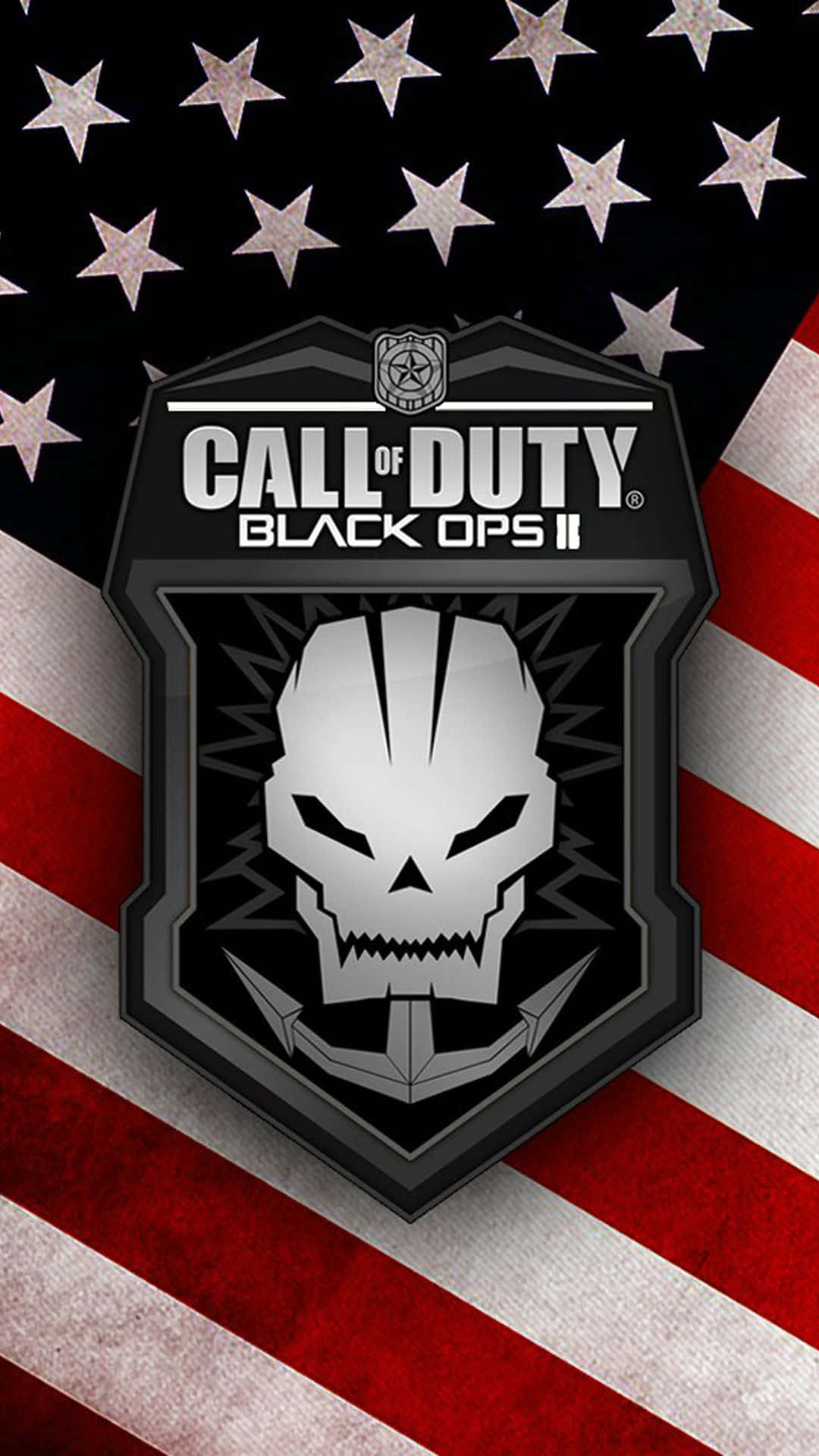 Call of Duty Black Ops II 標誌，骷髏標誌喺美國國旗背景上。