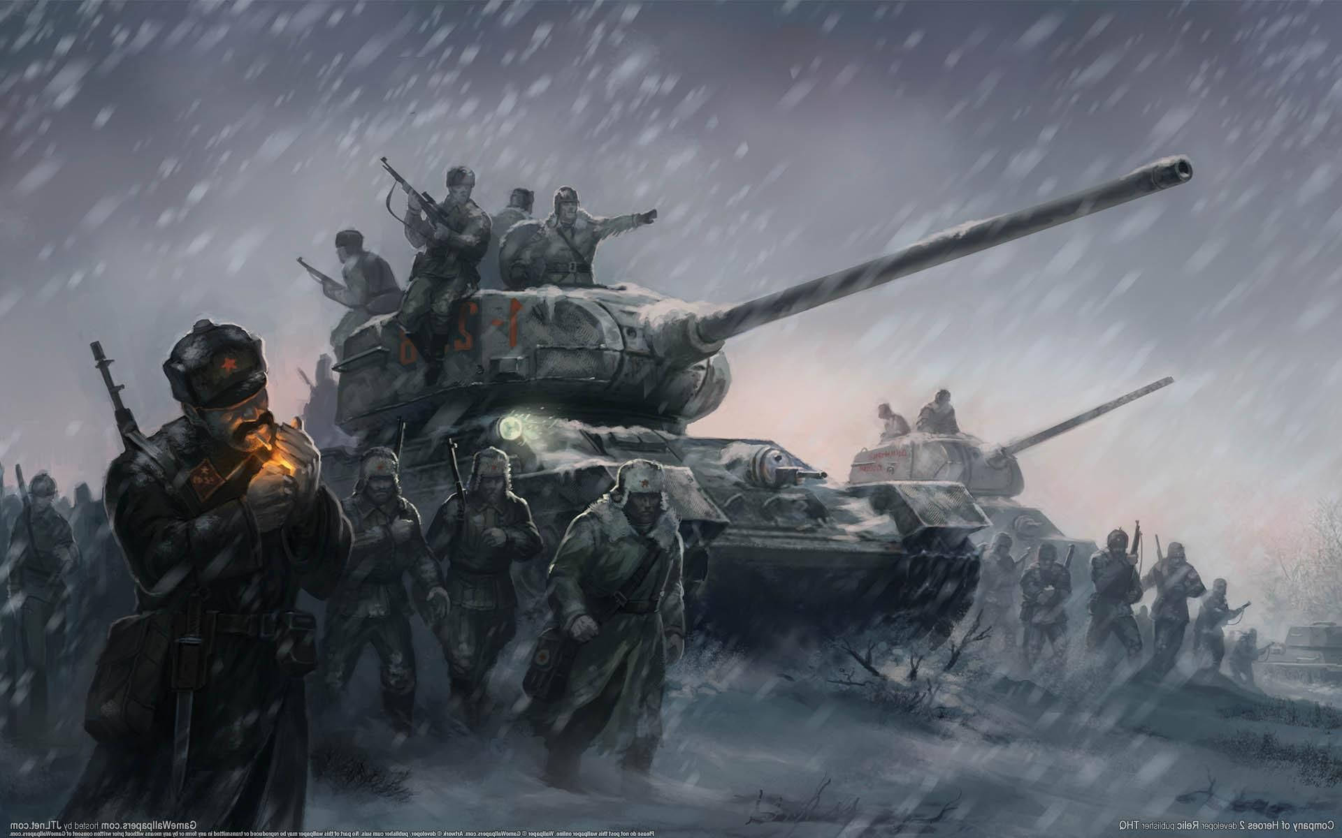 士兵和坦克在暴風雪中穿過白雪覆蓋的戰場。