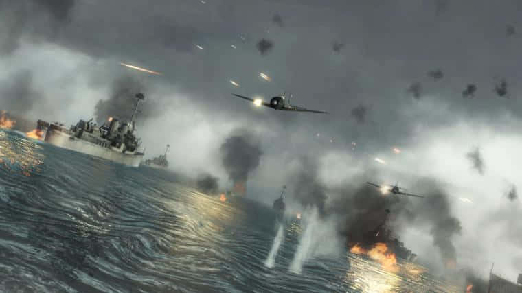 戰艦和戰鬥機在海戰中爆炸和煙霧。