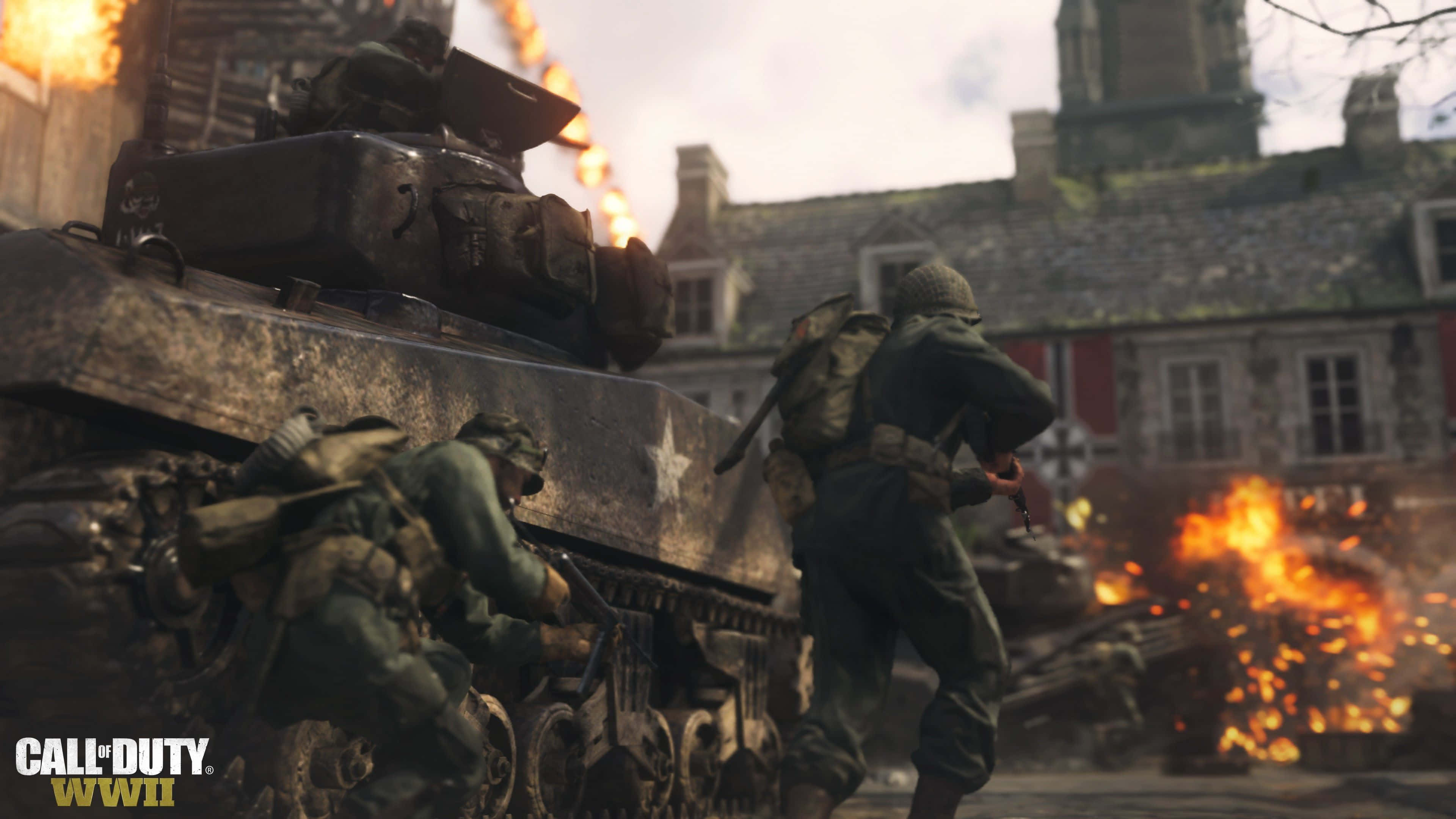 Call Of Duty First Person Shooter 桌布 壁紙 — 二戰戰鬥期間，士兵們與坦克一起穿越燃燒的歐洲小鎮。