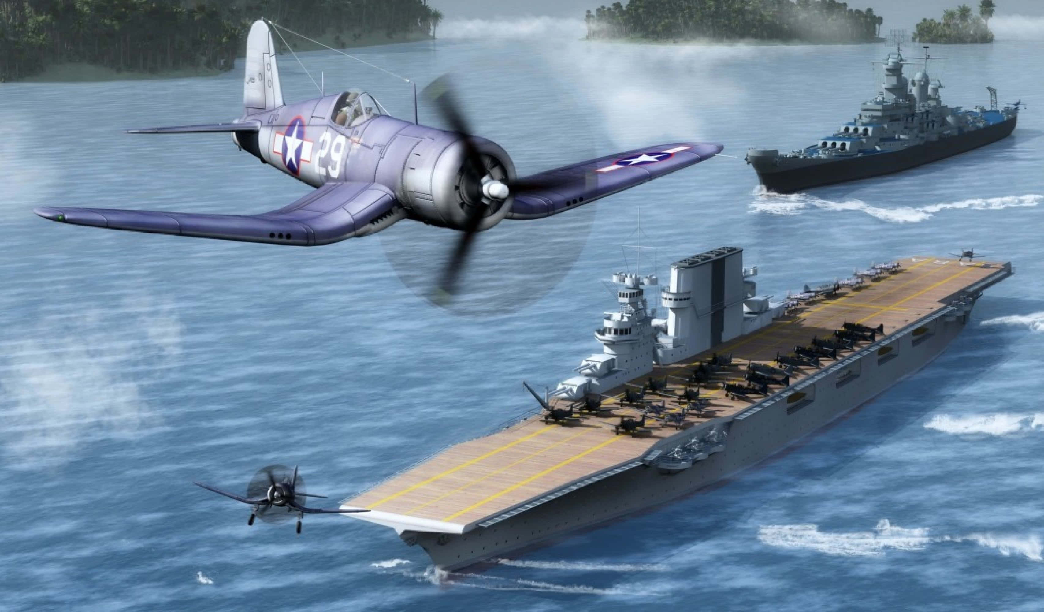 二戰末期士兵在掩體內 壁紙 — 一架紫色二戰戰鬥機在灰色航空母艦和戰艦劃破藍色海洋的上方翱翔。
