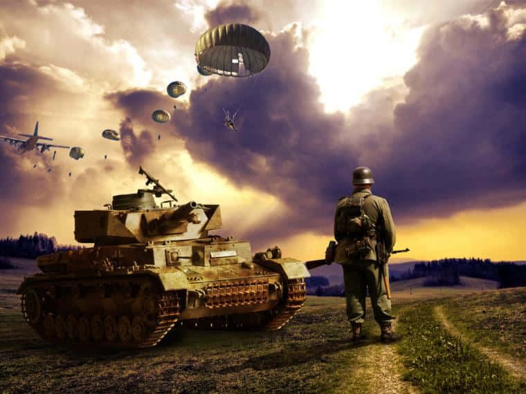 士兵與戰車，傘兵在日落時從天空降落