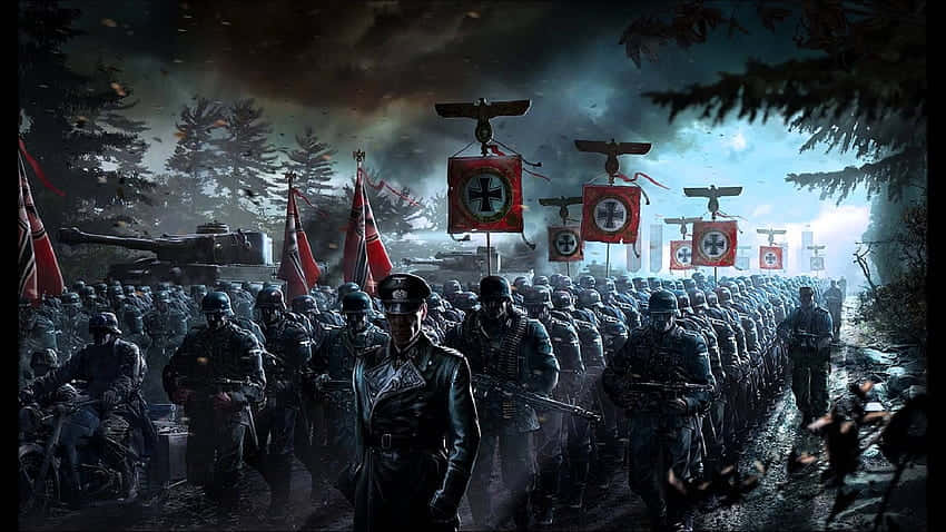 大規模納粹軍事遊行穿過森林戰場，天空風暴密佈。