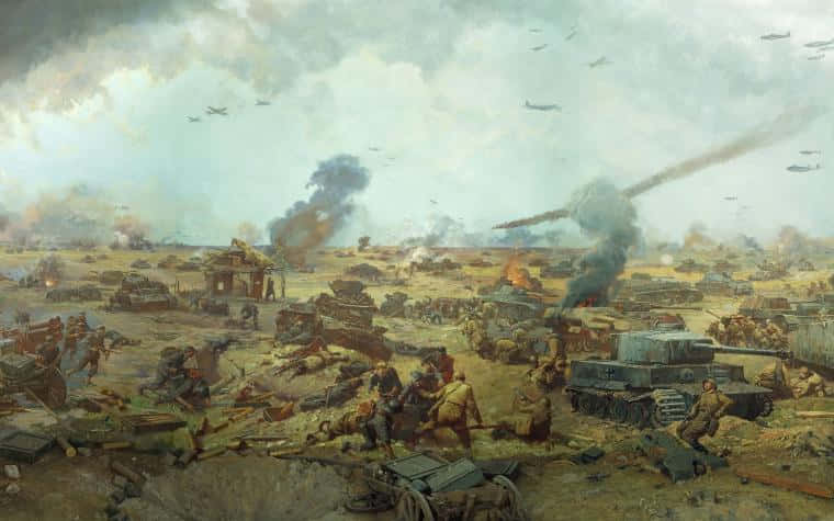 戰場場景，坦克、士兵和飛機在煙霧和火焰中。