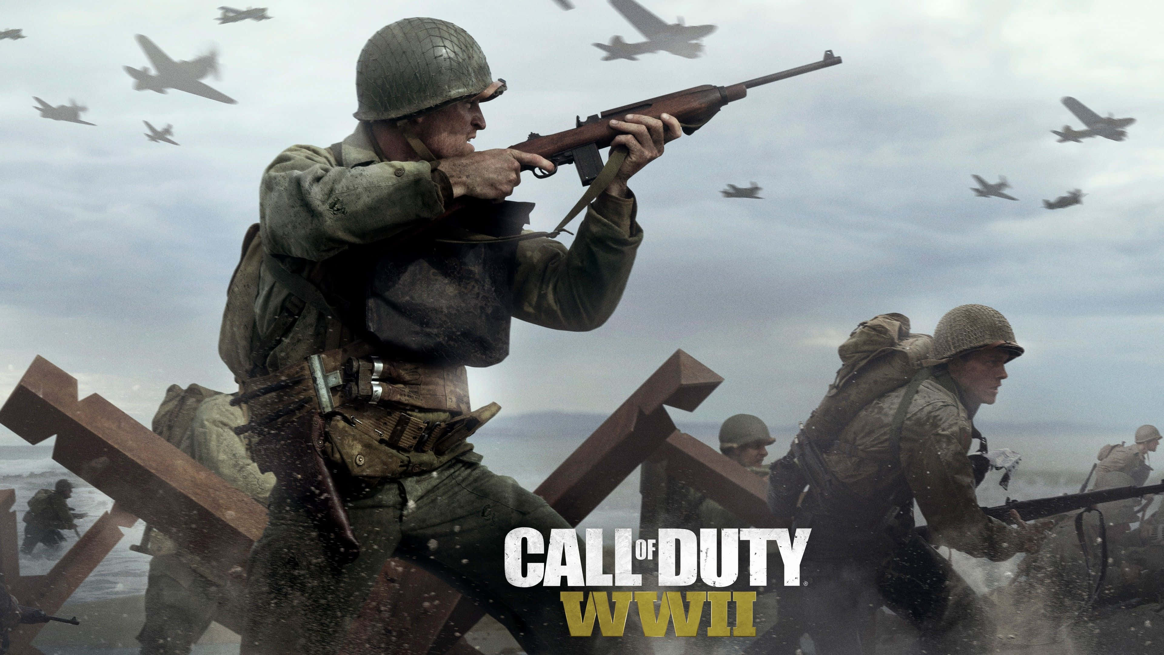 Call Of Duty Battles 桌布 壁紙 — 二戰裝備的士兵在風暴海灘上於戰鬥機飛行下前進，並帶有遊戲標題覆蓋層。