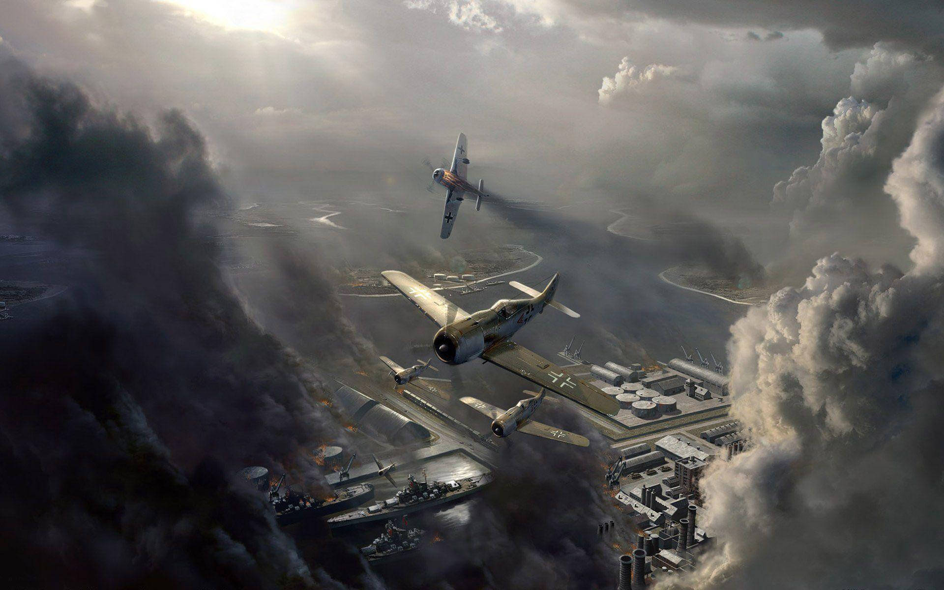 戰機在戰鬥中飛越燃燒的軍艦和工廠。