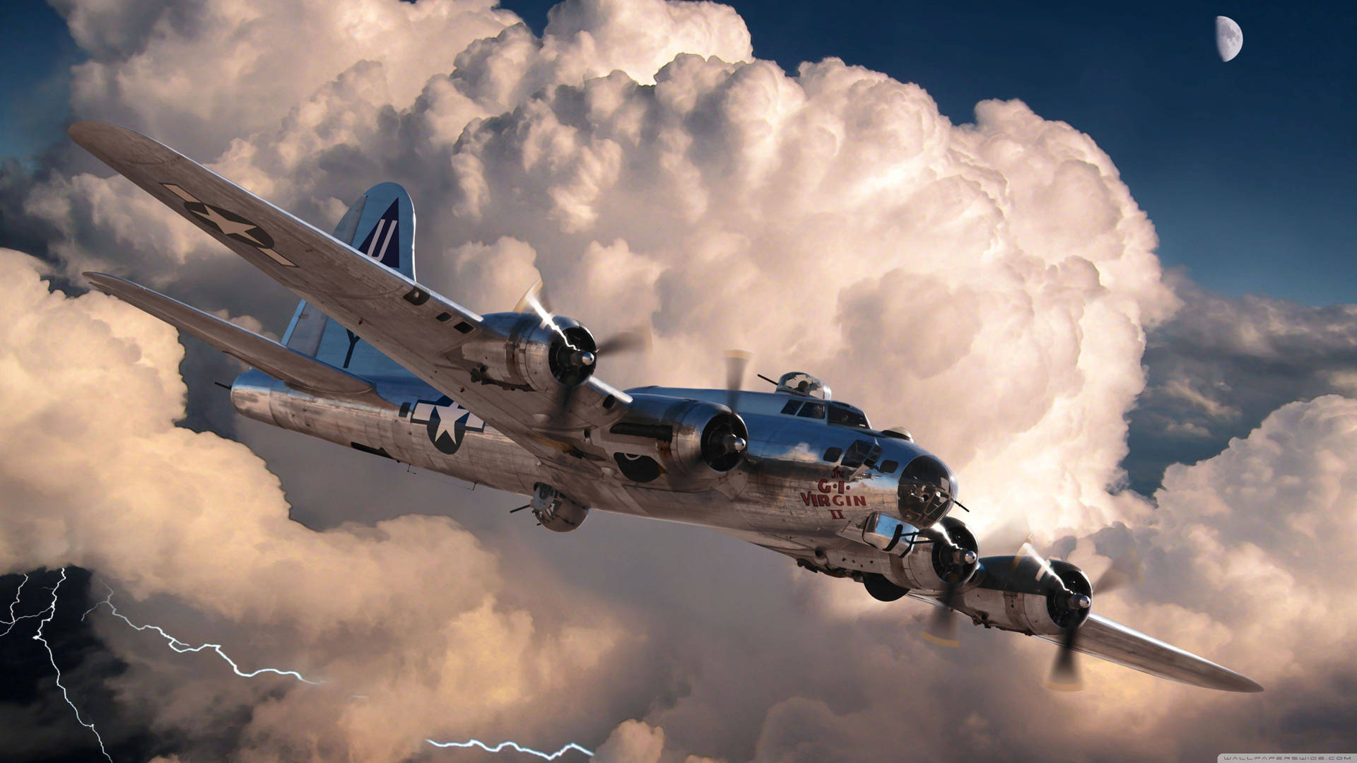 復古B-17轟炸機在閃電和月亮下飛越暴風雲。 — 4K 飛機壁紙 壁紙