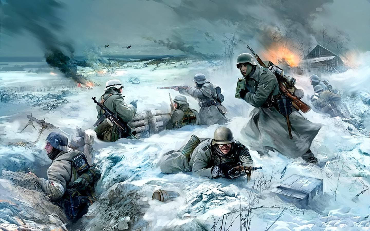 士兵在積雪的冬季戰場上戰鬥，伴隨著爆炸和煙霧。