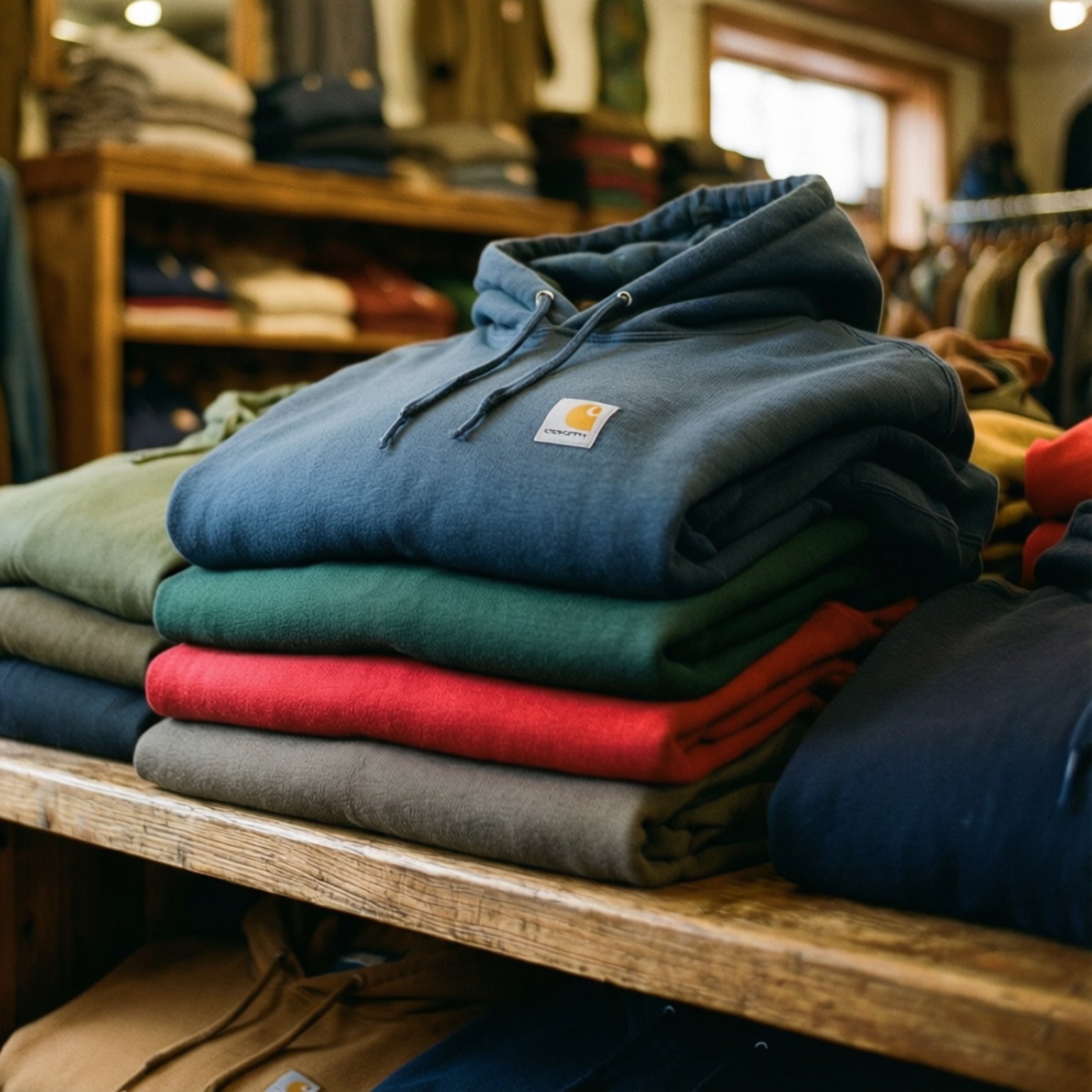 二手店堆疊 壁紙 — 一堆色彩繽紛的 Carhartt 連帽衫整齊地堆疊在舒適服裝店的質樸木架上。