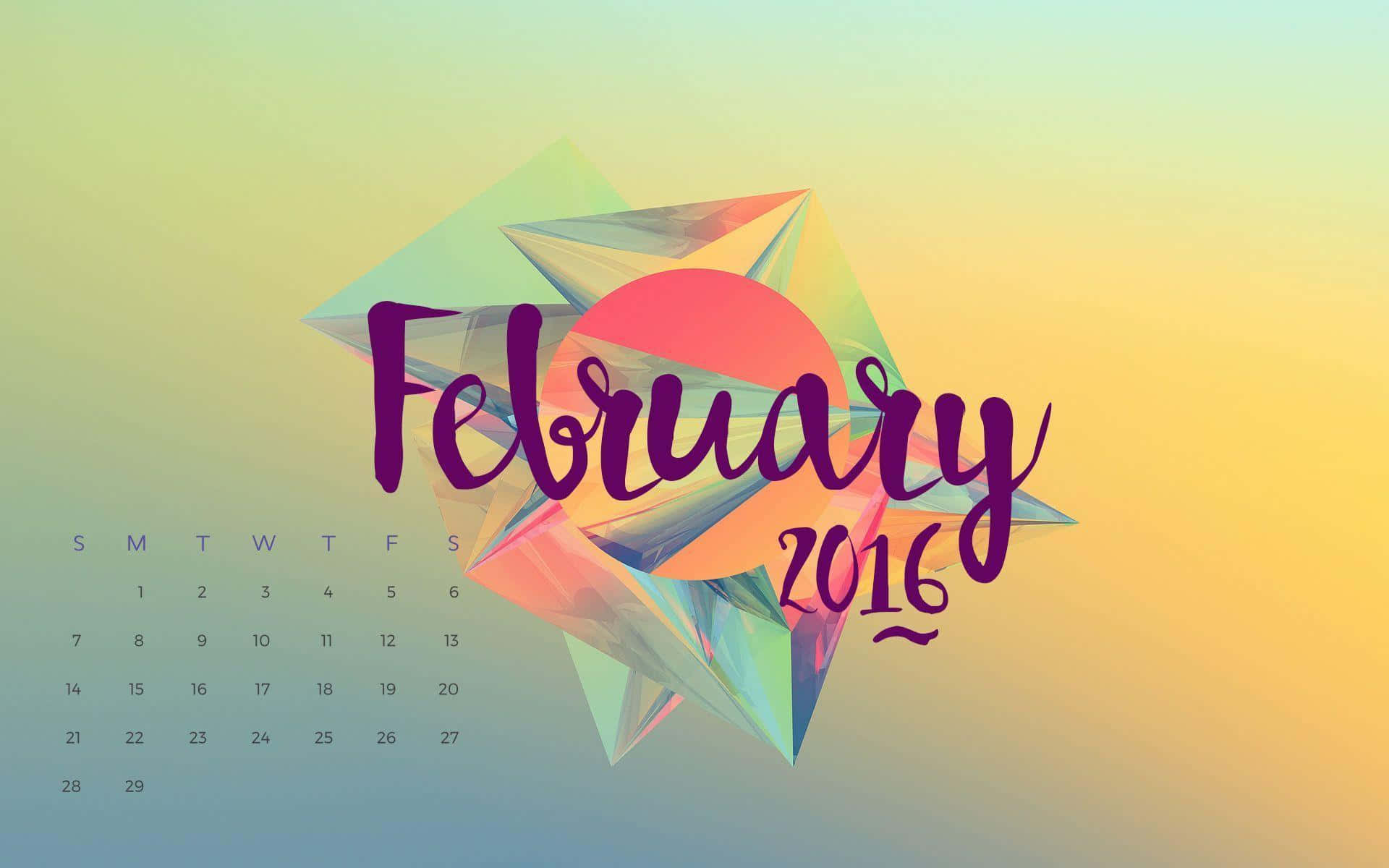 2016年2月日曆，在漸變背景上採用彩色幾何水晶設計。