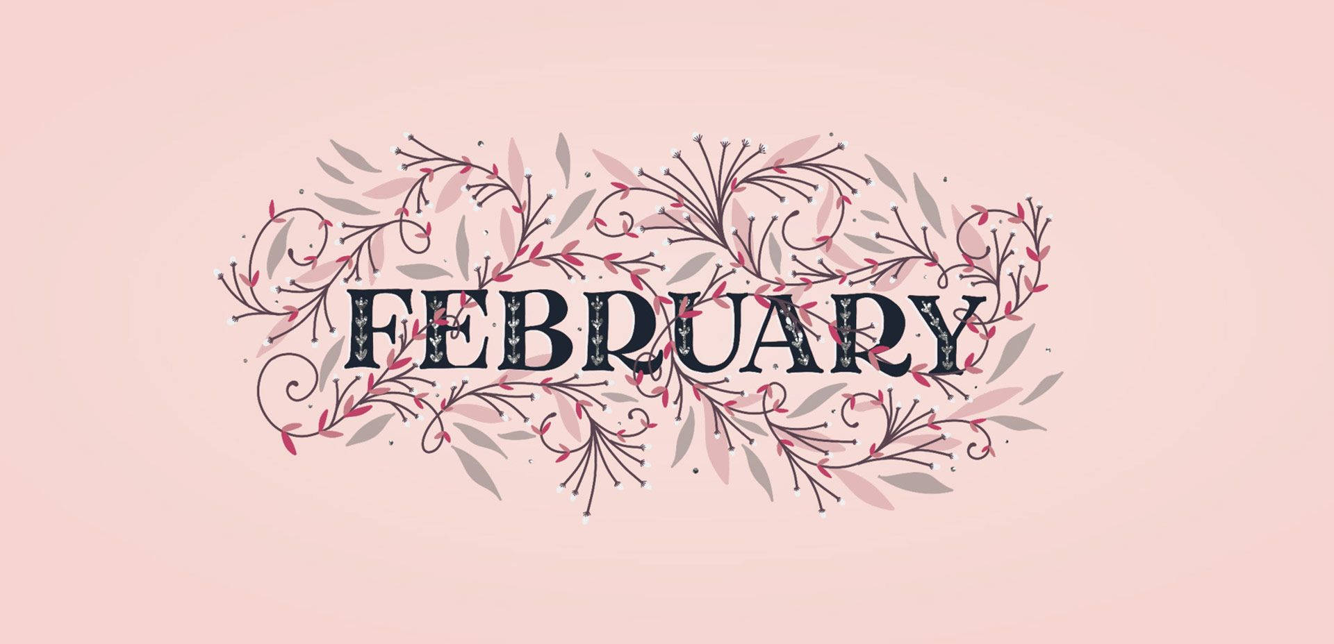 February 文字被風格化嘅花枝圍繞，背景係柔和粉紅色。