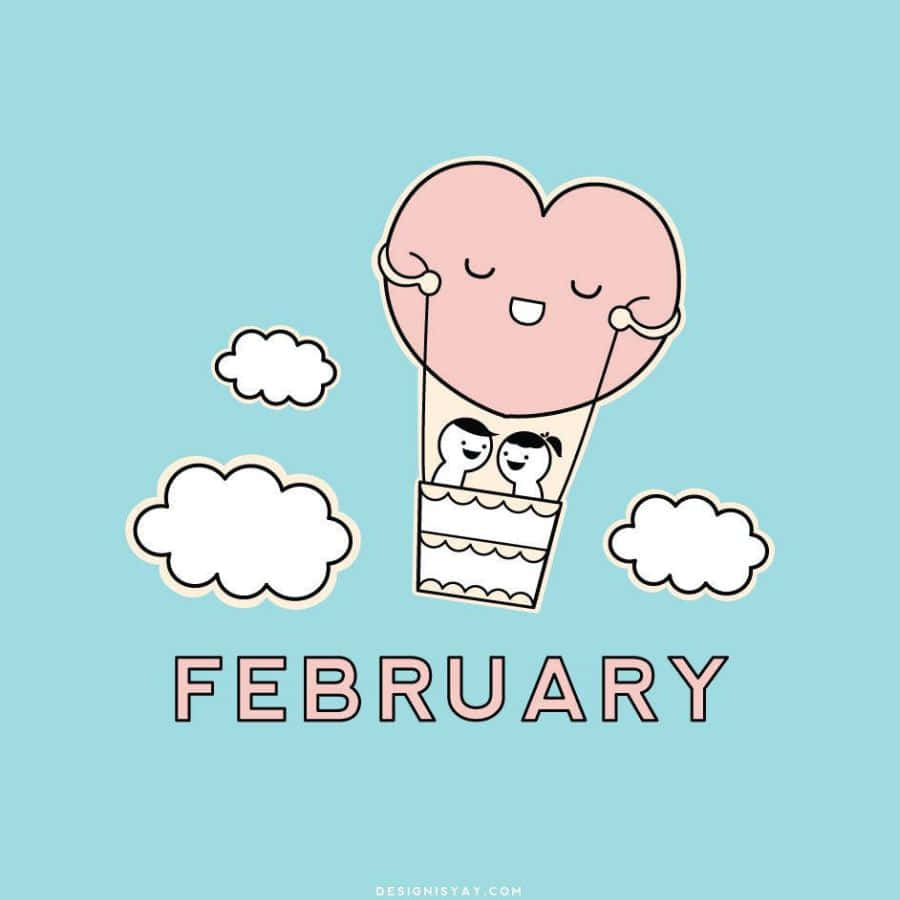 一個粉紅色心形熱氣球，上面有兩個笑臉，與「February」字樣一起漂浮在雲朵之間。