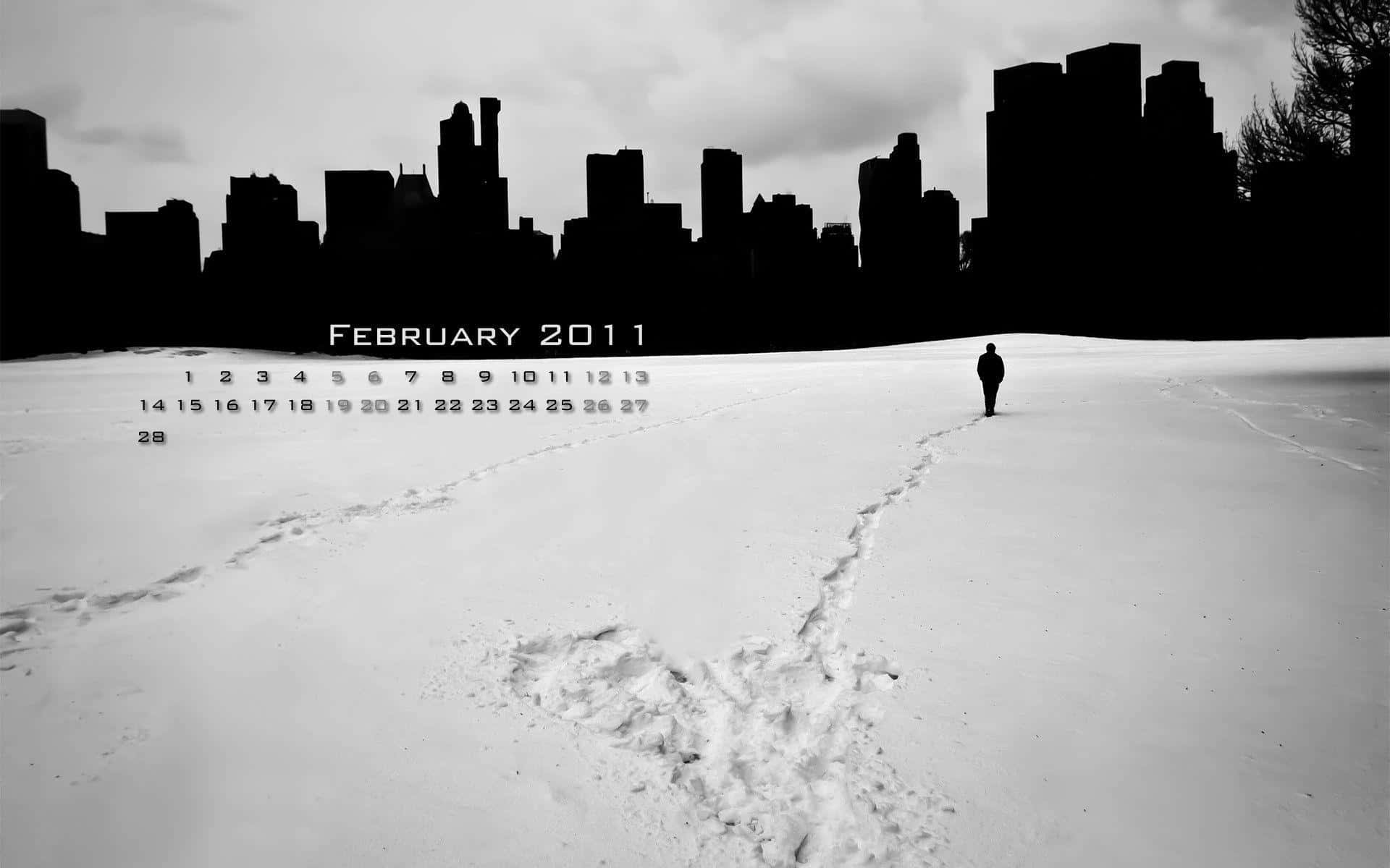 一個人在雪中獨自走向城市天際線，並帶有2011年2月的日曆。