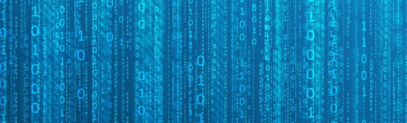 垂直流動的發光二進制數字在數字藍色虛空中墜落。