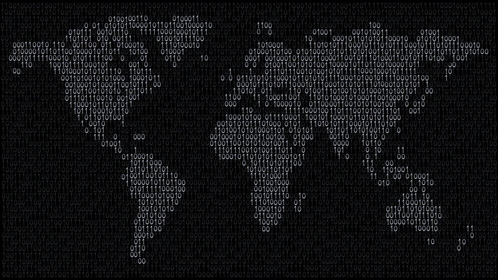 在黑暗屏幕上由二進制數字組成的世界地圖輪廓。