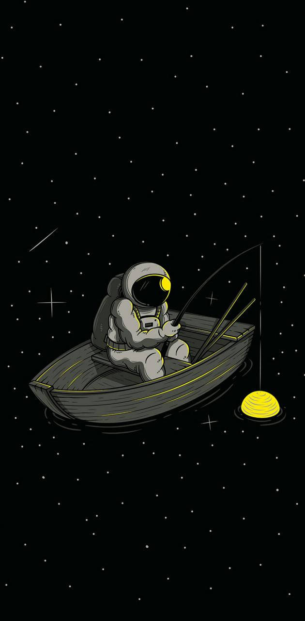 太空人在星空中用發光魚餌在船上釣魚。 — 太空 壁紙