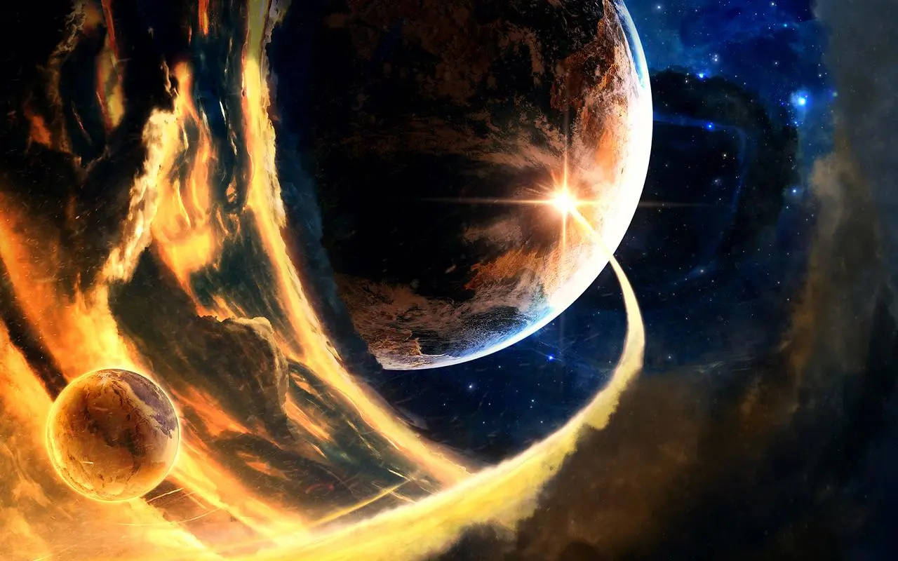 一顆被熾熱宇宙漩渦和發光恆星包圍的行星，在深空中。