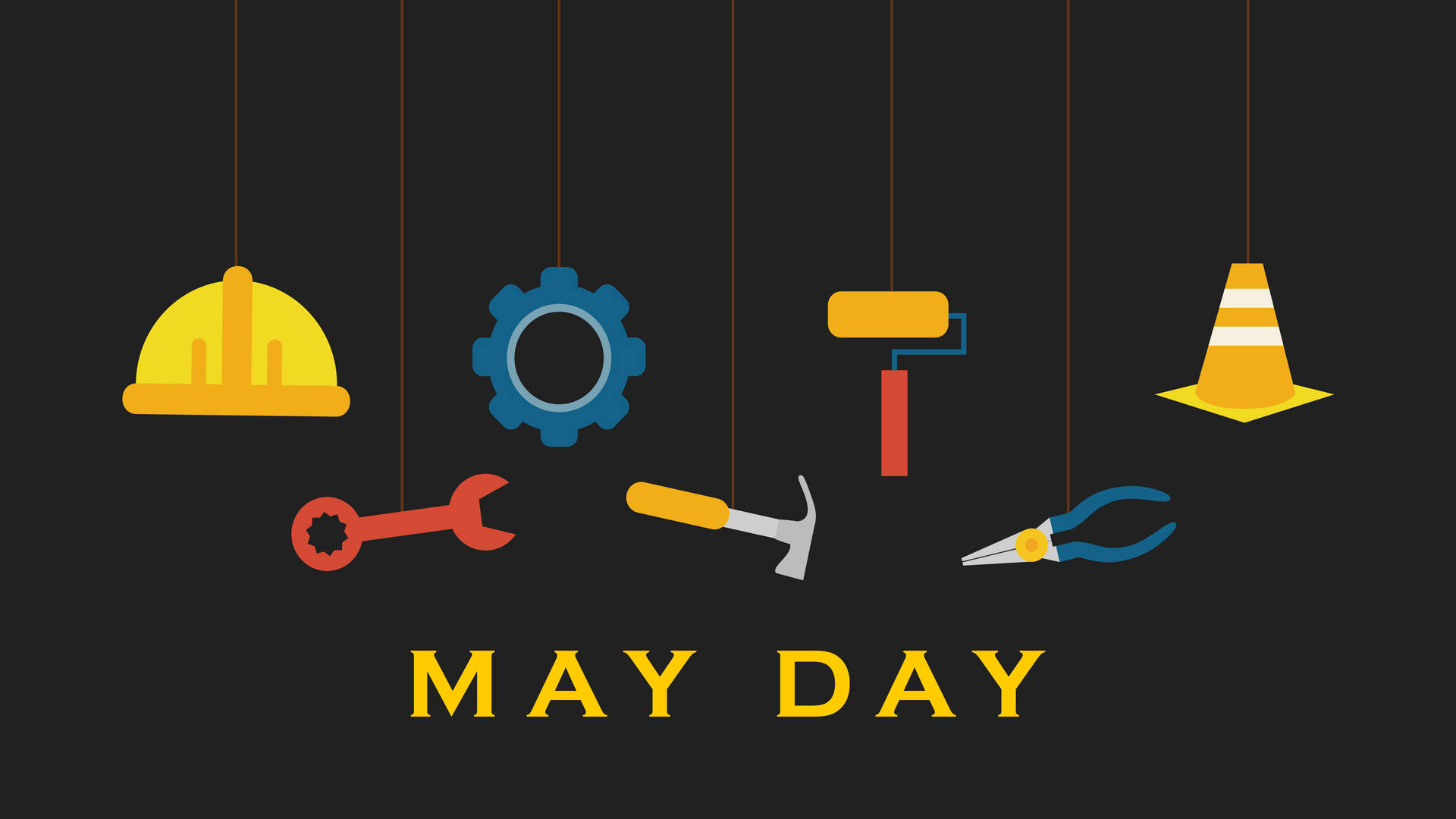 懸掛的建築圖示和工具，下方有「MAY DAY」文字。