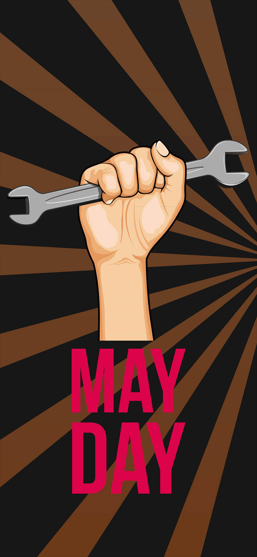 舉起的拳頭握著扳手，帶有粉紅色「MAY DAY」文字，背景放射狀。