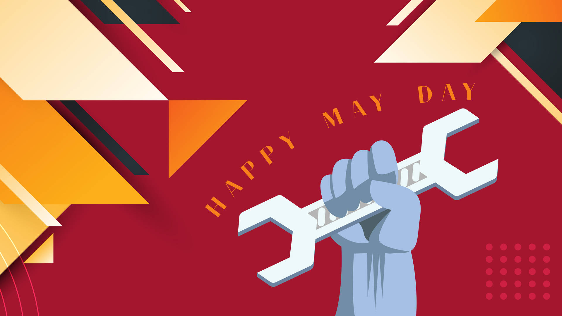 手握住扳手，帶有「Happy May Day」文字，背景為幾何紅橙色