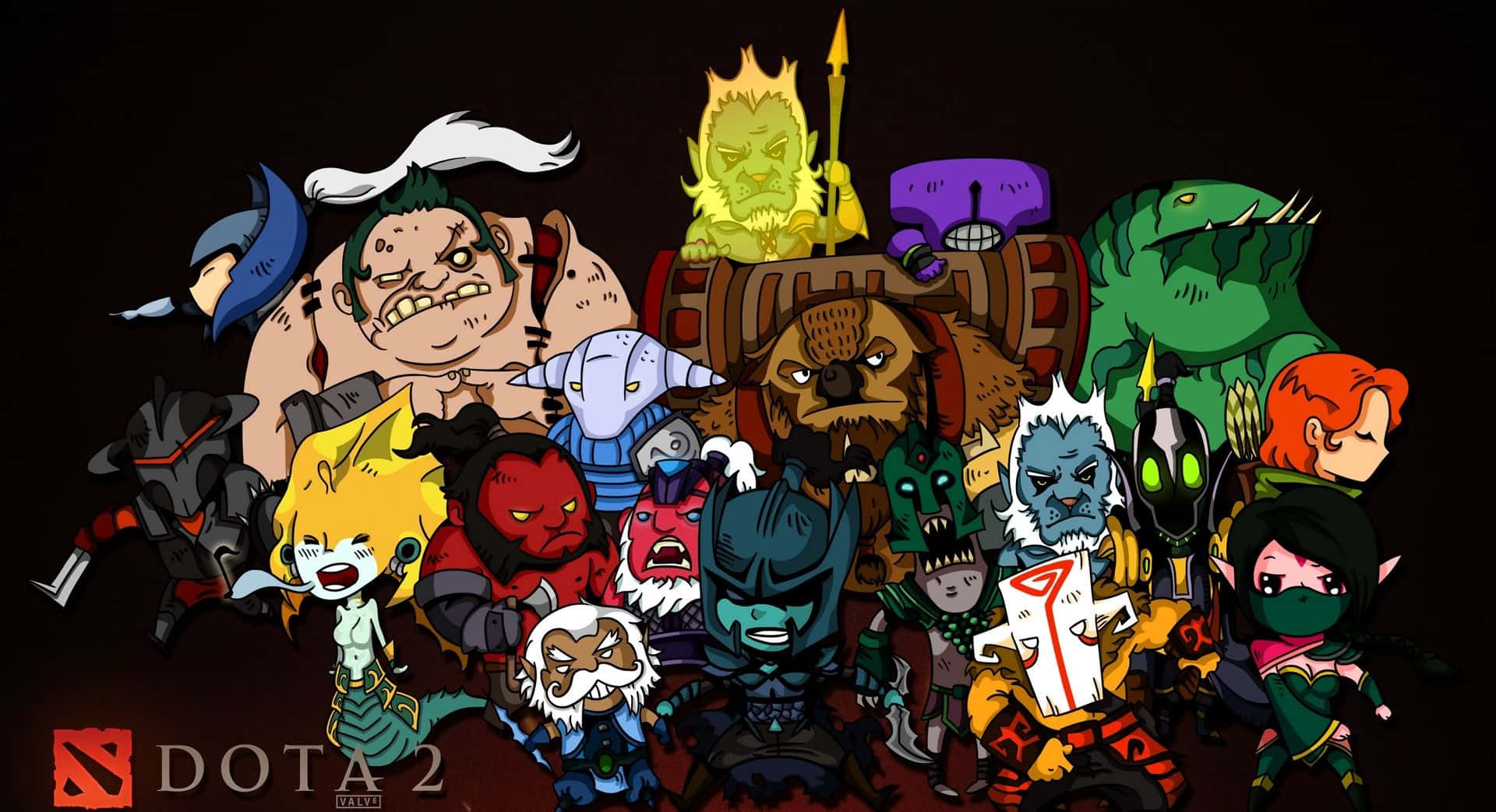 Q版Dota 2英雄在色彩繽紛的奇幻團體肖像中。