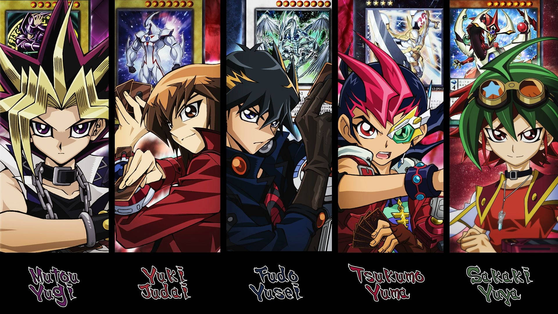 Yu Gi Oh 桌布 壁紙 — 五位來自《遊戲王》的動畫決鬥者站成一排，每人手持一張卡牌，表情激烈。