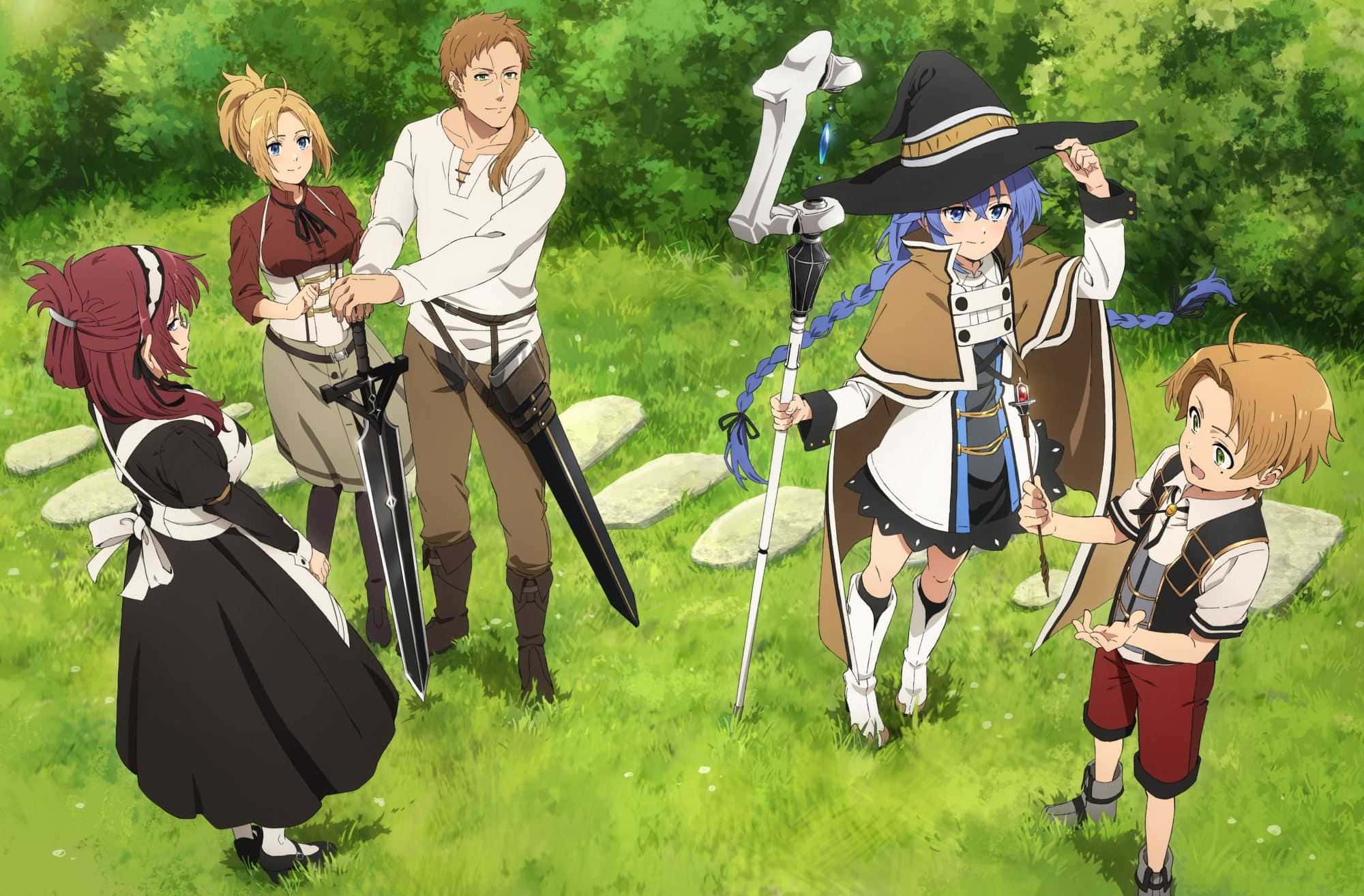 Mushoku Tensei 桌布 壁紙 — 五位動漫冒險者站在陽光明媚、綠樹成蔭的草地上。