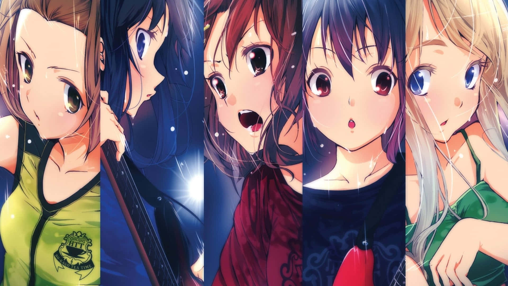 Anime Collage 桌布 壁紙 — 五位動漫女孩穿著鮮豔服裝，在閃爍燈光下並排站立，表情豐富。