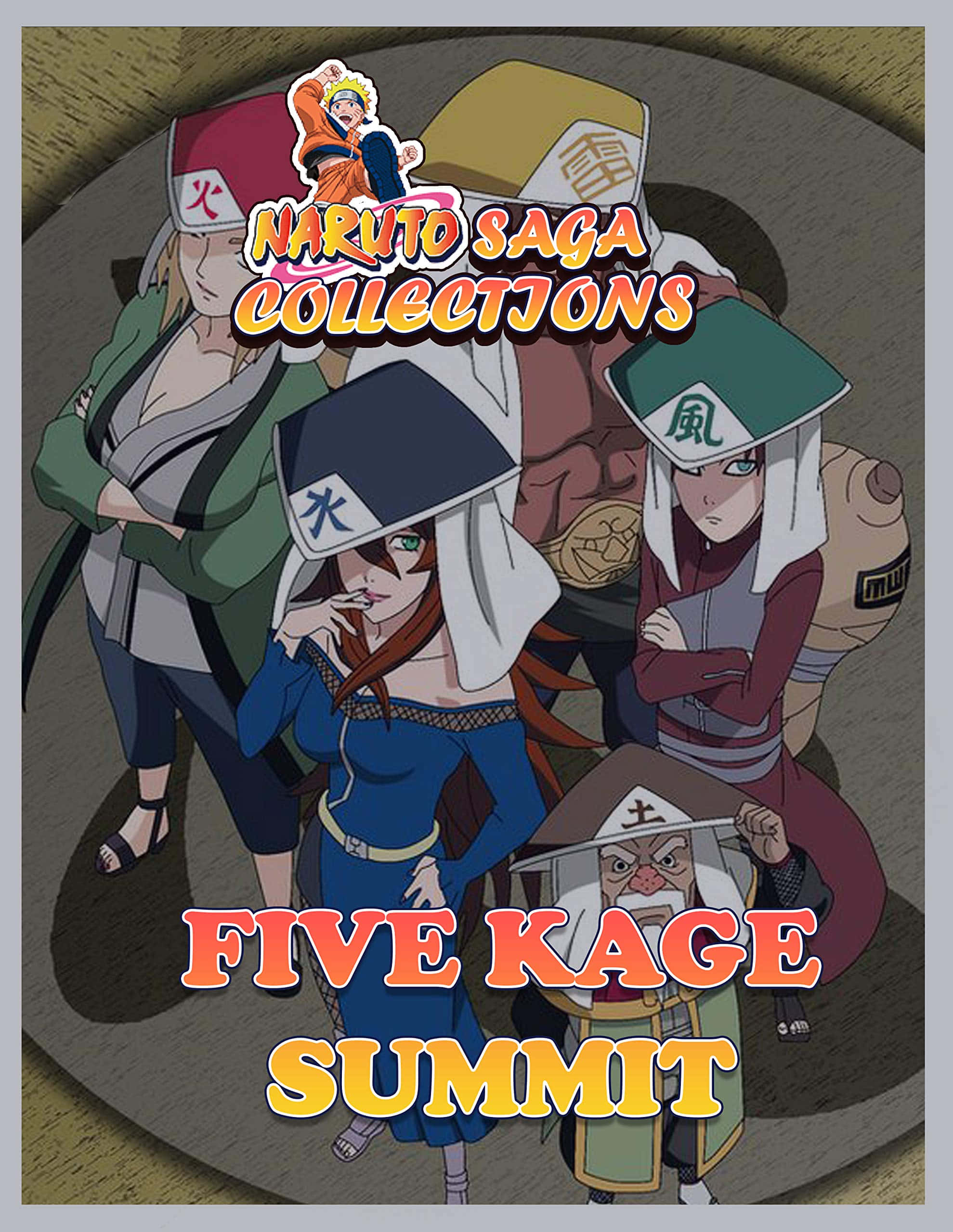 Five Kage Summit 桌布 壁紙 — 五位動漫影級領袖站在一起，構成戲劇性的群像，並帶有粗體文字疊加。