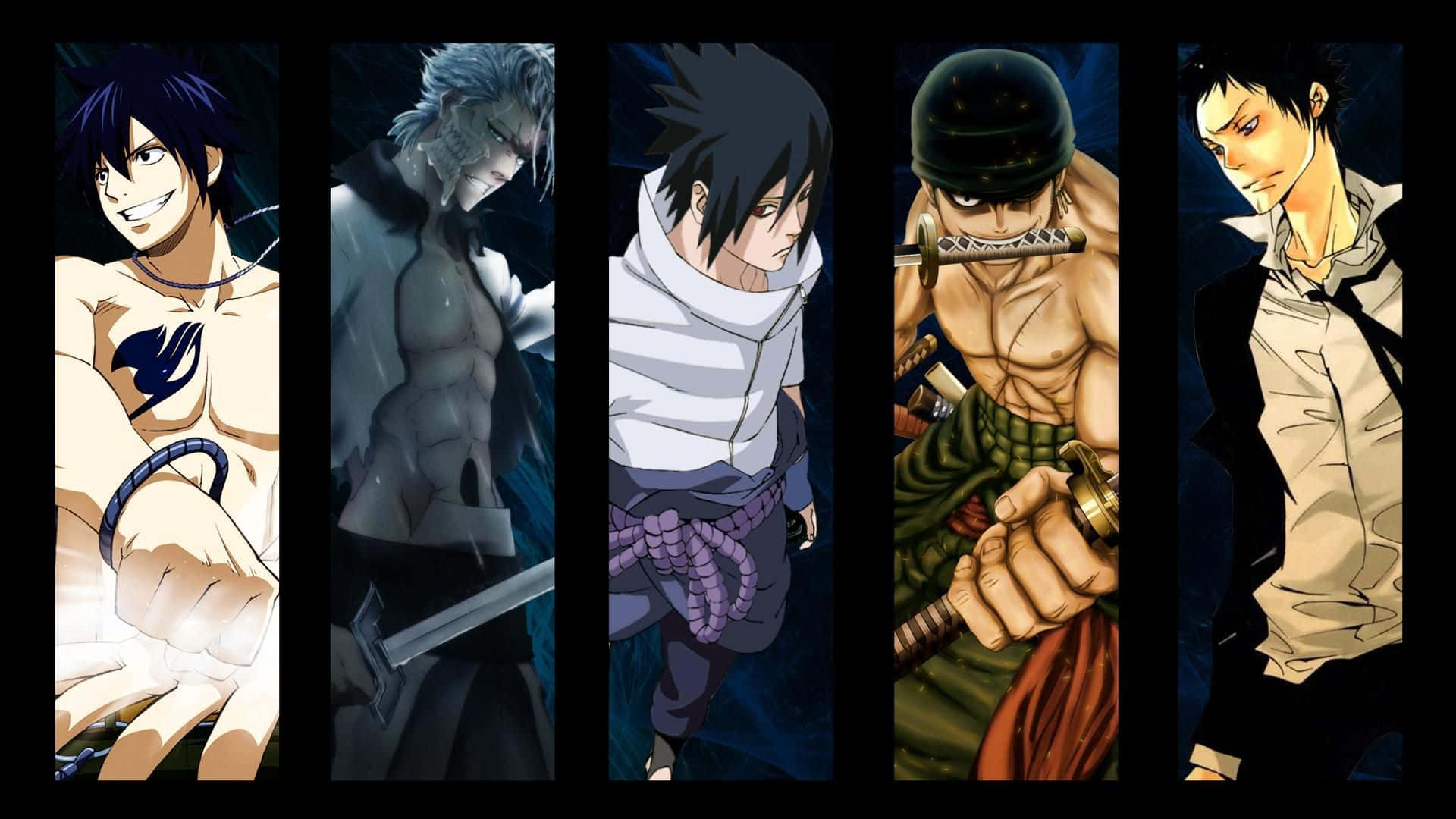 Manga Characters 桌布 壁紙 — 五位動漫戰士站在垂直面板中，每人手持獨特武器，在深色背景前展現強烈表情。