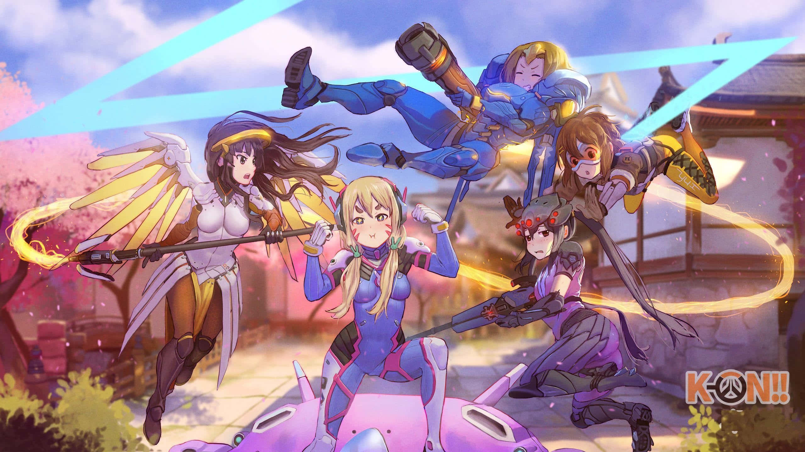 Overwatch Pharah 桌布 壁紙 — 五位動漫風格的女主角以動態戰鬥姿勢手持發光武器，背景是櫻花。